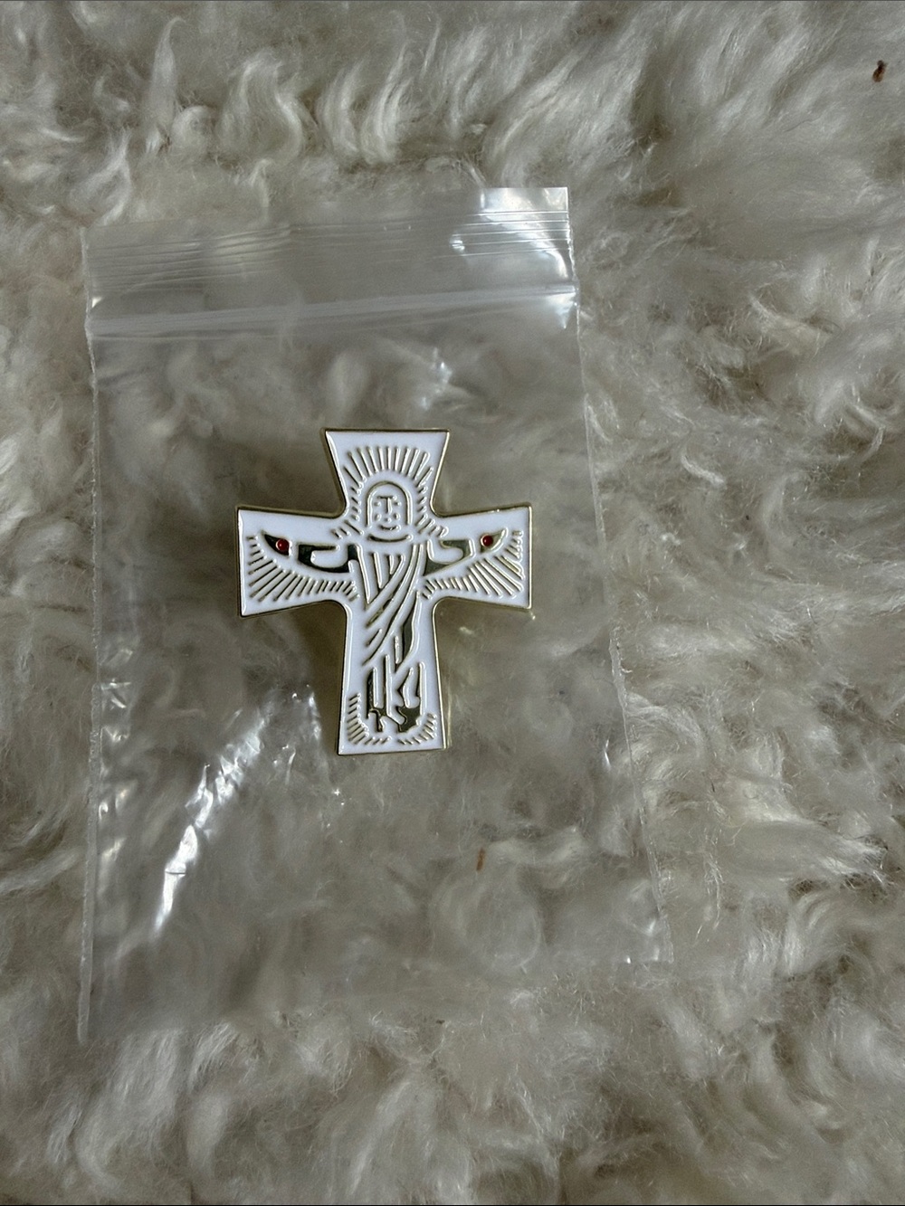 New - White Enamel Jesus Cross Pin with Gold Trim
